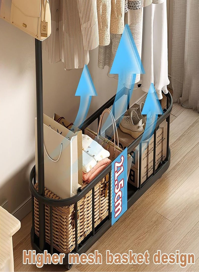 رف ملابس بقضبان مزدوجة، رف ملابس معدني مع سلة تخزين وعجلات، منظم شماعات ملابس متعدد الأغراض لغرفة النوم وغرفة المعيشة - Image 5