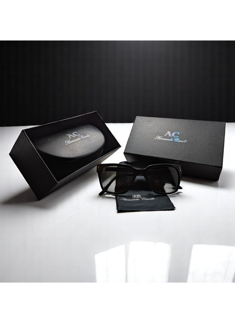 Armando Cavelli - Authentic Armando Cavalli sunglasses, crafted from carefully selected premium acetate for a luxurious look and longevity with extensive use. This model combines modernity and classic style, with a raw black acetate front and gunmetal -plated metal temples to complete your luxury look. Comes with premium polymer lenses offer UV400 protection in a gradient grey - Image 1