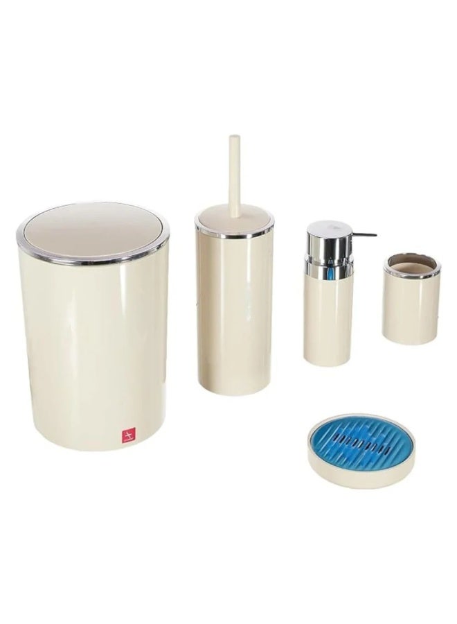 بريمانوفا طقم إكسسوارات حمام ٥ قطع أكريليك بتشطيب كروم – سلة مهملات ٦ لتر، فرشاة مرحاض، موزع صابون، حامل فرشاة أسنان وصينية صابون (بيج) - Image 1