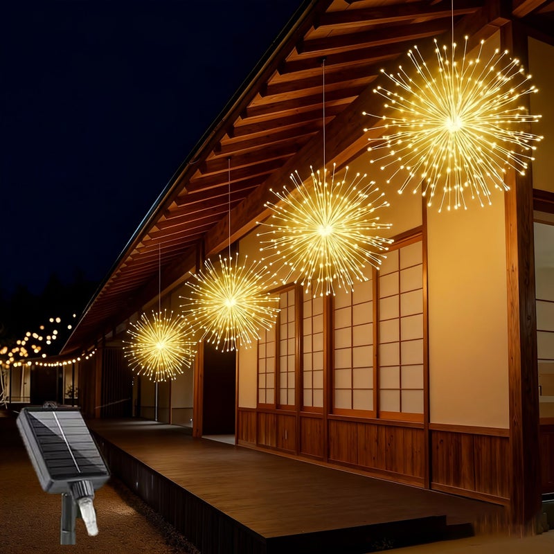 أضواء الألعاب النارية LED الملونة التي تعمل بالطاقة الشمسية، 240 لمبة، عبوة من 4 قطع، لتزيين الأفاريز المعلقة - Image 1
