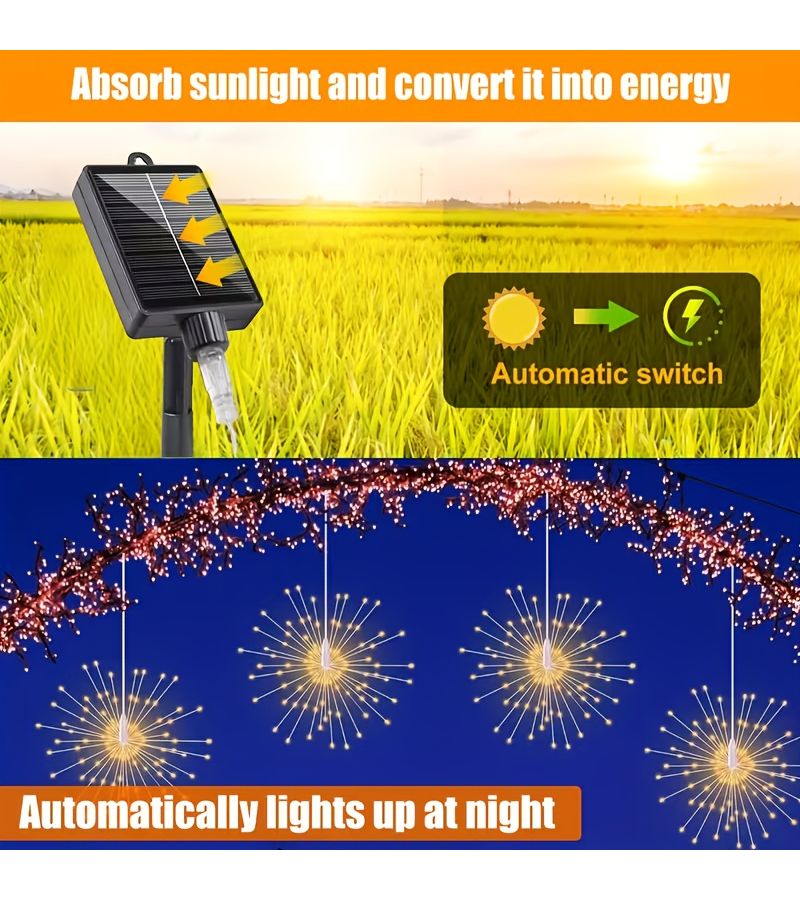 أضواء الألعاب النارية LED الملونة التي تعمل بالطاقة الشمسية، 240 لمبة، عبوة من 4 قطع، لتزيين الأفاريز المعلقة - Image 2