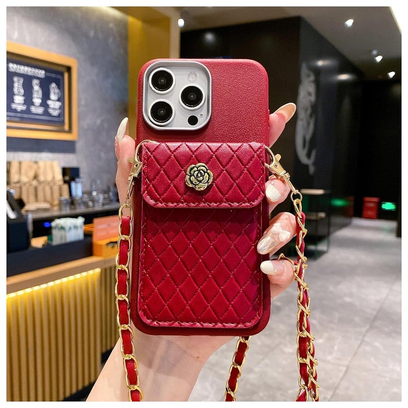SPARKUP Crossbody Wallet Case for iPhone - Red Textured with Gold Chain, Card Holder, Strap Button Closure, Flip Kickstand, Shockproof Silicon Protective Cover (Red) (iPhone 13 Pro Max) - Image 1