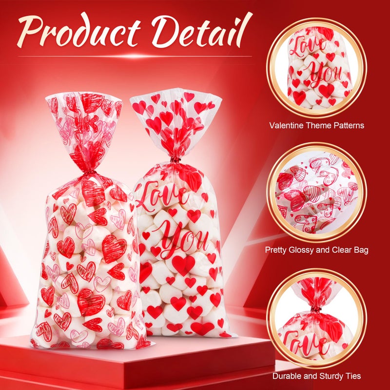 Lxzyu Valentine Cellophane Bags, 50 Pcs Valentines Treat Bags, Goodie Bag Valentines Day Candy Bags, Plastic Valentines Bags Bulk, Valentine Snack Bags With Twist Ties Red Heart For Wedding Party Favor Gift - Image 5