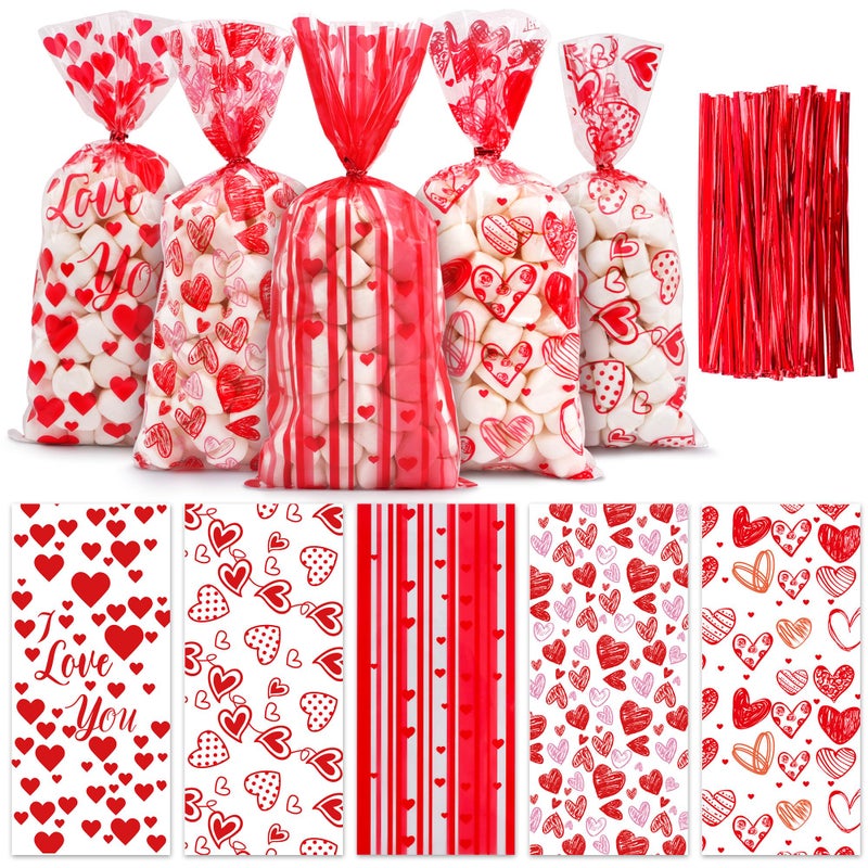 Lxzyu Valentine Cellophane Bags, 50 Pcs Valentines Treat Bags, Goodie Bag Valentines Day Candy Bags, Plastic Valentines Bags Bulk, Valentine Snack Bags With Twist Ties Red Heart For Wedding Party Favor Gift - Image 1