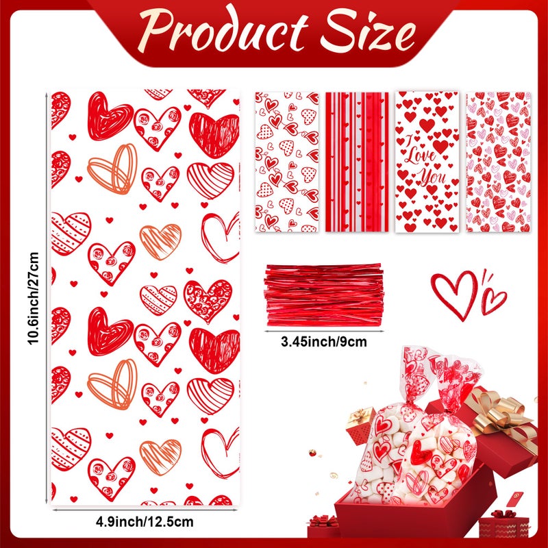 Lxzyu Valentine Cellophane Bags, 50 Pcs Valentines Treat Bags, Goodie Bag Valentines Day Candy Bags, Plastic Valentines Bags Bulk, Valentine Snack Bags With Twist Ties Red Heart For Wedding Party Favor Gift - Image 3