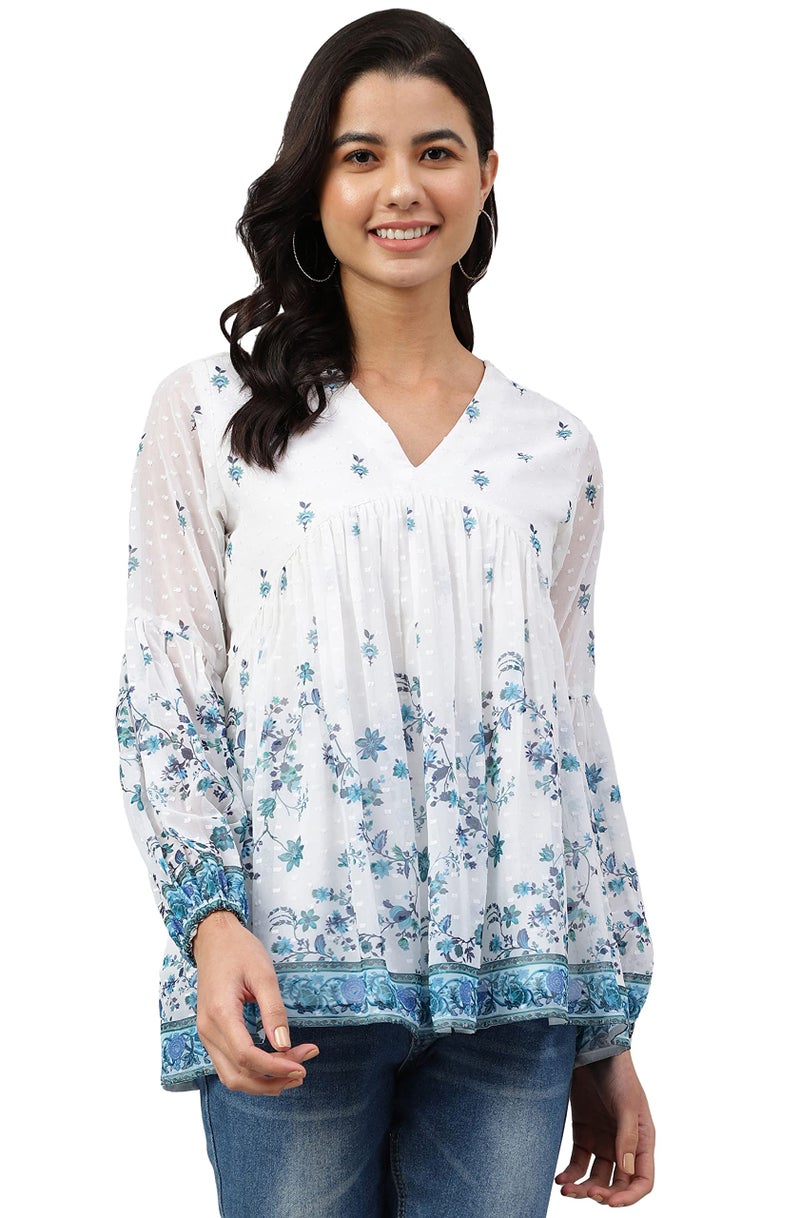 Janasya Women's White Georgette Digital Print Flared Top(JNE4045-TP-M) - Image 2