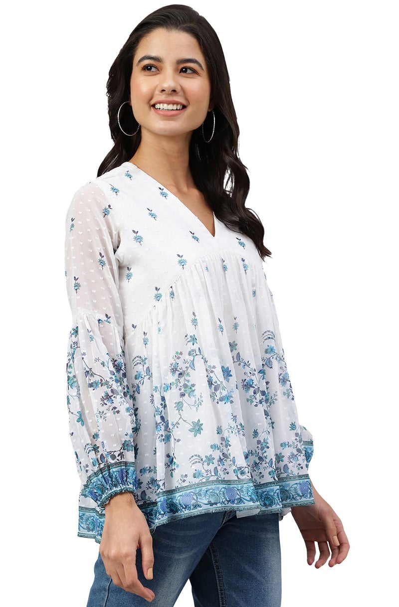 Janasya Women's White Georgette Digital Print Flared Top(JNE4045-TP-M) - Image 5