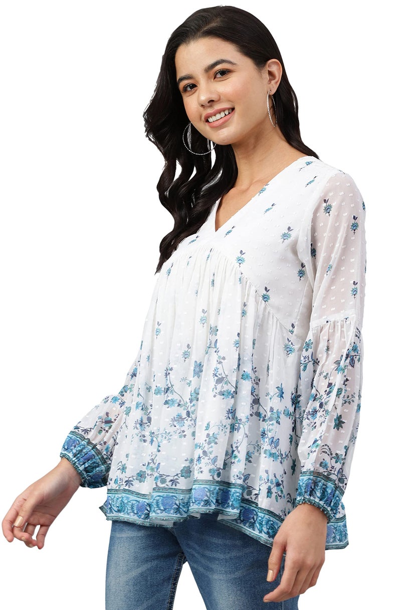 Janasya Women's White Georgette Digital Print Flared Top(JNE4045-TP-M) - Image 4
