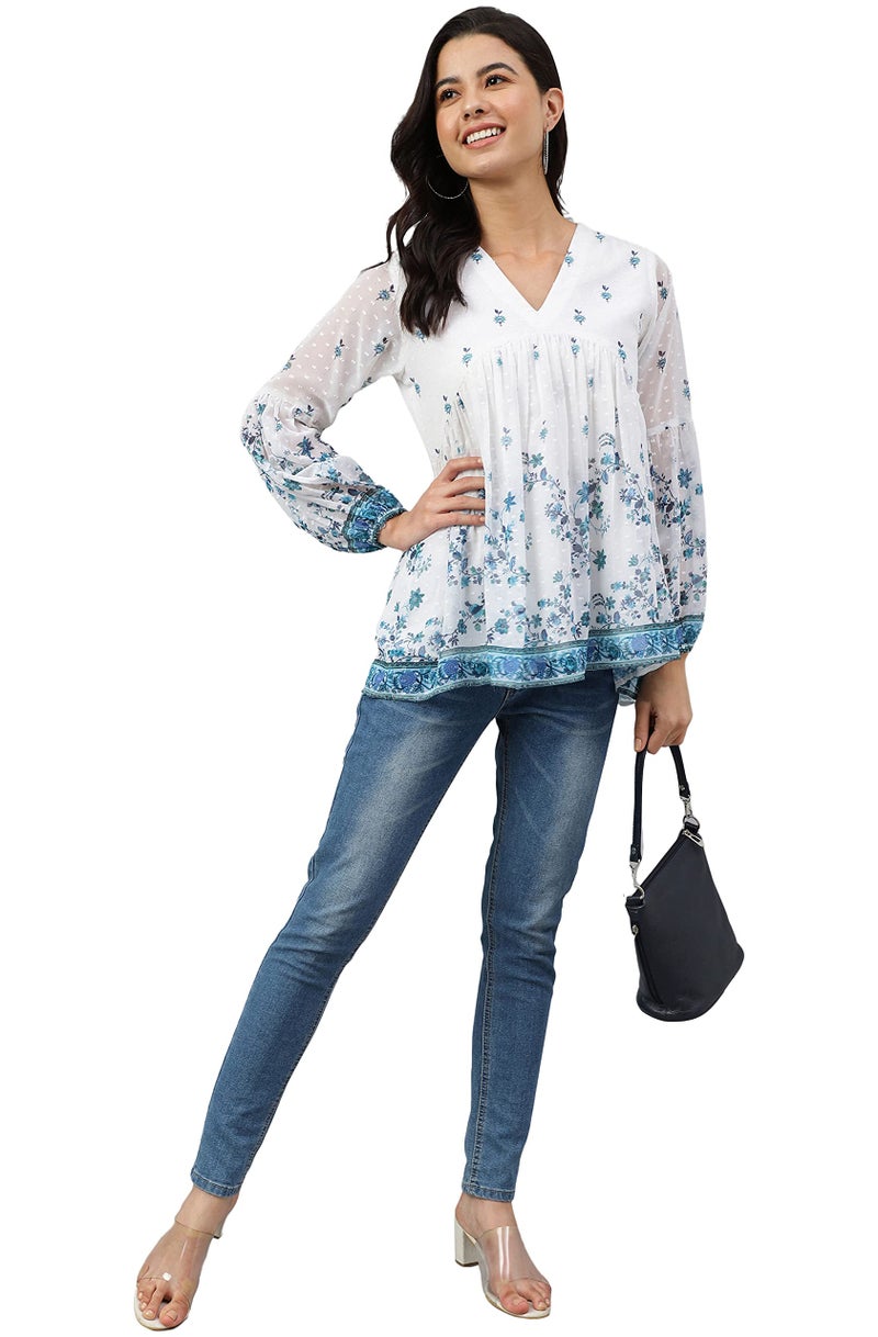 Janasya Women's White Georgette Digital Print Flared Top(JNE4045-TP-M) - Image 3