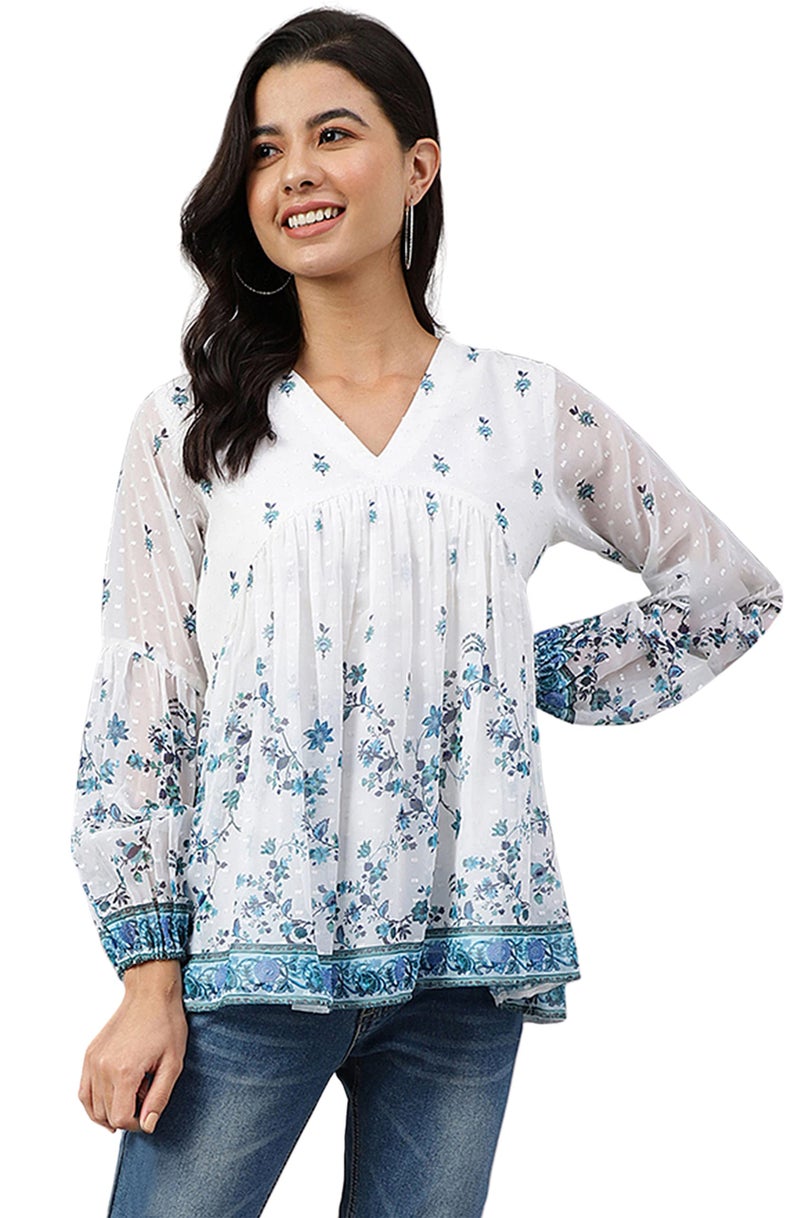 Janasya Women's White Georgette Digital Print Flared Top(JNE4045-TP-M) - Image 1
