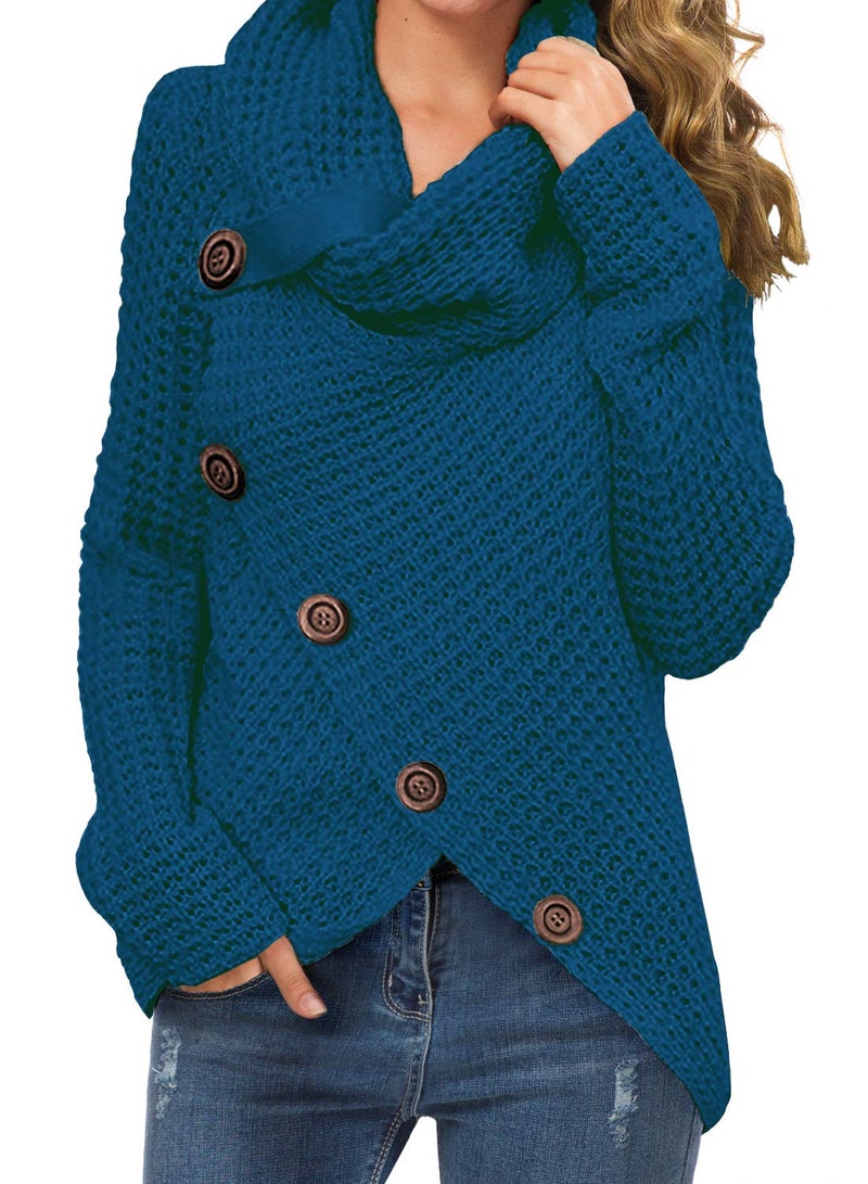 GRECERELLE Women's Fall Chunky Turtleneck Long Sleeve Asymmetric Hem Loose Knit Pullover Sweaters Tops, Blue, M - Image 1