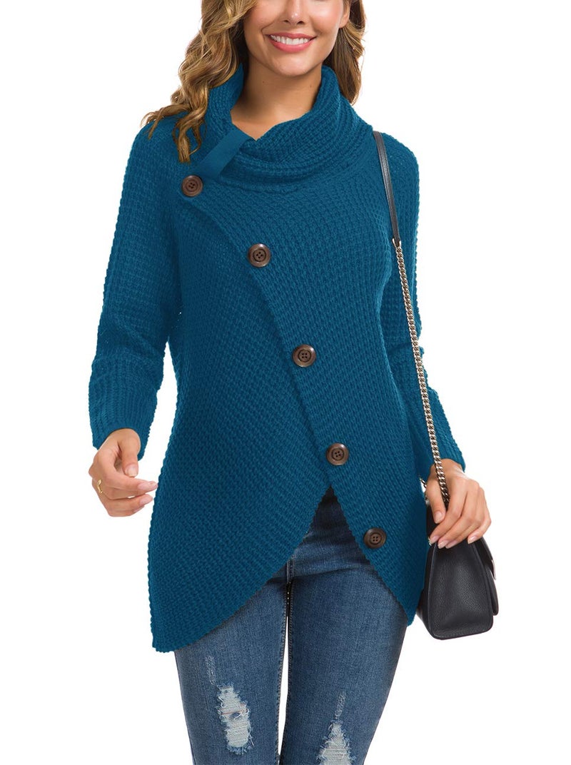 GRECERELLE Women's Fall Chunky Turtleneck Long Sleeve Asymmetric Hem Loose Knit Pullover Sweaters Tops, Blue, M - Image 2