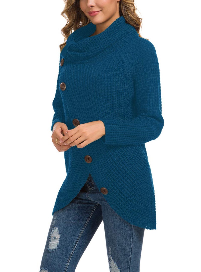 GRECERELLE Women's Fall Chunky Turtleneck Long Sleeve Asymmetric Hem Loose Knit Pullover Sweaters Tops, Blue, M - Image 3