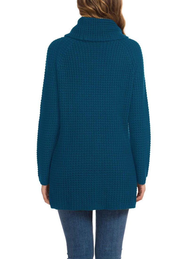 GRECERELLE Women's Fall Chunky Turtleneck Long Sleeve Asymmetric Hem Loose Knit Pullover Sweaters Tops, Blue, M - Image 4