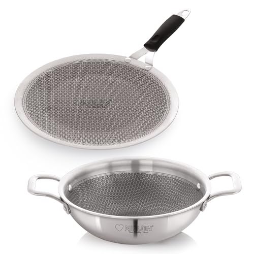 NIRLON Prima Honeycomb Stick Free Triply Stainless Steel Cookware Combo Set of 2Pc |Concave Tawa 28cm/Deep Kadai 20cm-1.6Ltr|Induction and Gas Stove Friendly - Image 1