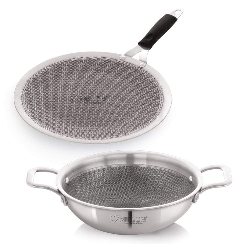 NIRLON Prima Honeycomb Stick Free Triply Stainless Steel Cookware Combo Set of 2Pc |Concave Tawa 28cm/Deep Kadai 20cm-1.6Ltr|Induction and Gas Stove Friendly - Image 4