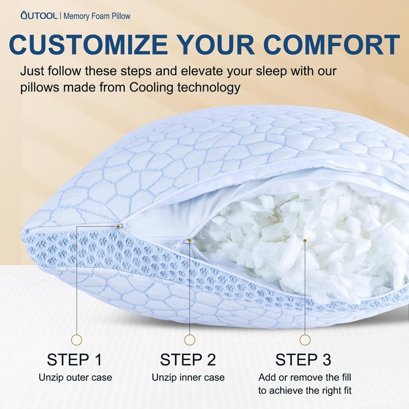 QUTOOL Enhanced Cooling Pillows for Sleeping, CertiPUR-US Shredded Memory Foam Pillows Queen Size Set of 2 for Hot Sleeper, Adjustable Bed Pillow for Side, Back, Stomach Sleepers Support Yet Soft Blue - Image 4