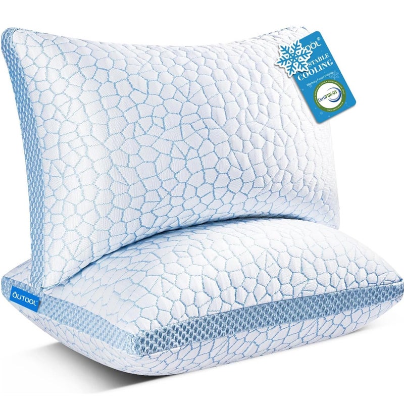 QUTOOL Enhanced Cooling Pillows for Sleeping, CertiPUR-US Shredded Memory Foam Pillows Queen Size Set of 2 for Hot Sleeper, Adjustable Bed Pillow for Side, Back, Stomach Sleepers Support Yet Soft Blue - Image 1