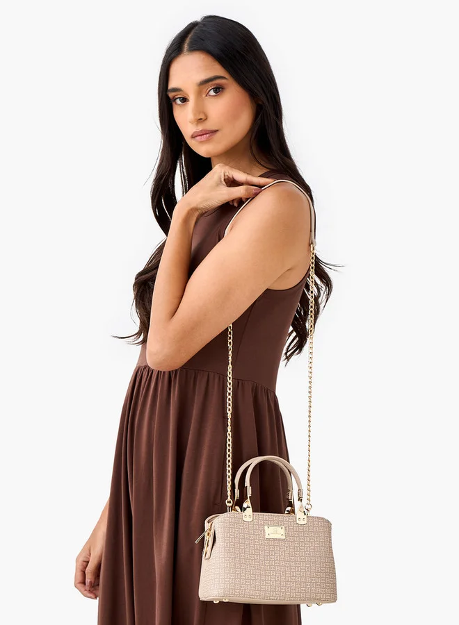 Flora Bella By Shoexpress Monogram Print Tote Bag with Detachable Chain Strap and Zip Closure