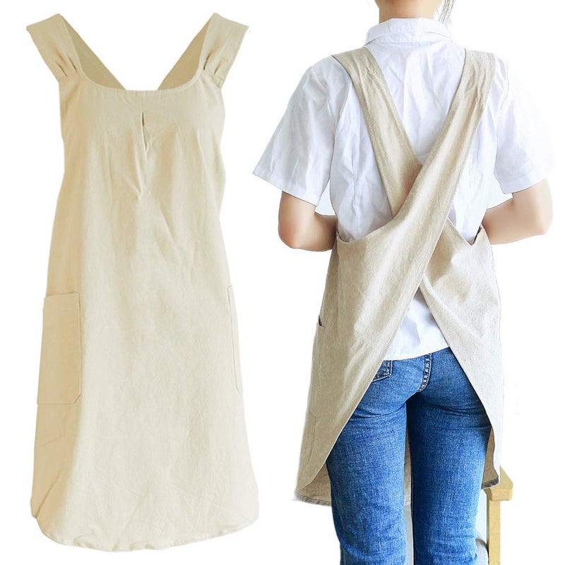NEWGEM Japanese Linen Cross Back Kitchen Cooking Aprons for Women with Pockets Cute for Baking Painting Gardening Cleaning Khaki