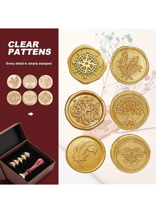 erorex Wax Seal Stamp Set 6 Vintage Sealing Wax Stamp Heads + 1 Wooden Handle For Wedding Invitations Card Envelope Wax Stamp Set Gift Wrap Tree Of Life + Bee + Rosemary + Compass + Feather + For You  - Image 2