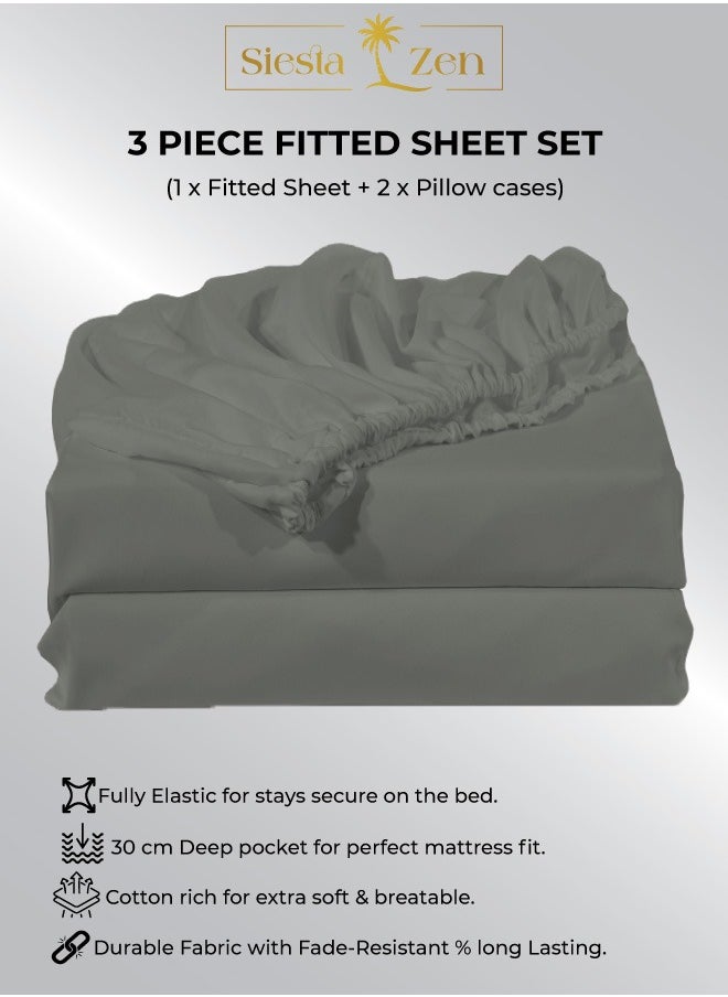 Siesta Zen Siesta Zen™ 3 Pcs Set Premium T250 Cotton Rich Fitted Sheet Set Full Elastic 30cm Deep Pocket Fits for All, Ultra Soft, Breathable, Wrinkle Resistant (1 Fitted+2 Pillowcases)  - Image 1