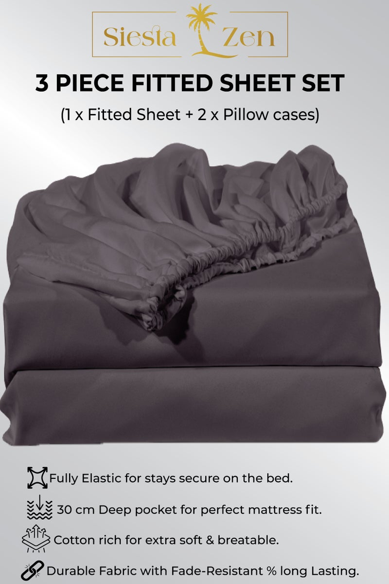 Siesta Zen™ 3 Pcs Set Premium T250 Cotton Rich Fitted Sheet Set Full Elastic 30cm Deep Pocket Fits for All, Ultra Soft, Breathable, Wrinkle Resistant (1 Fitted+2 Pillowcases) - Image 2