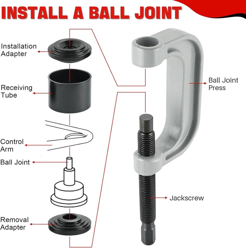 DASBET Ball Joint Removal Tool Kit Ball Joint Press U Joint Removal Kit Heavy Duty Ball Joint Press Fits Most 2WD and 4WD Cars Light Trucks 10PCS Ball Joint Service Tool Bushing Press Kit Red - Image 5