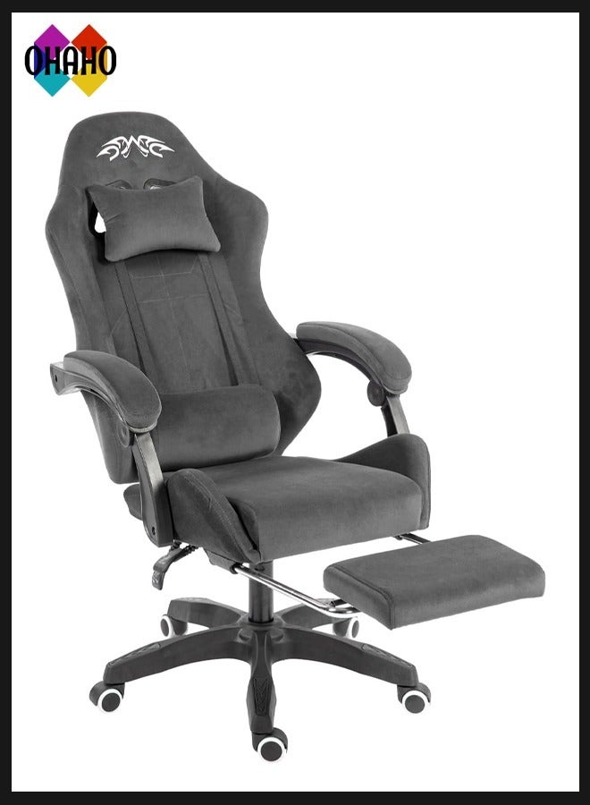 Gaming Chair Computer Chair, Flannelette Fabric Game Chair with Head Pillow and Waist Pillow, Ergonomic Computer Chair with Footrest (grey)