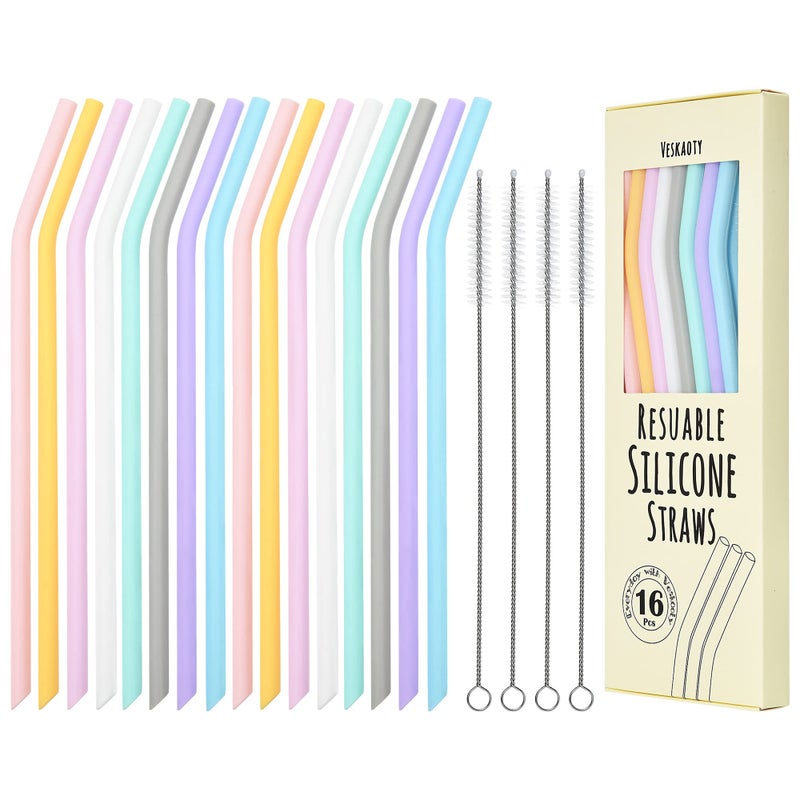 Veskaoty Reusable Silicone Drinking Straws 16 Pcs Long Flexible Straws with 4 Cleaning Brushes for 20 and 30 oz YetiRticOzark Tumblers BPA free no Rubber Taste