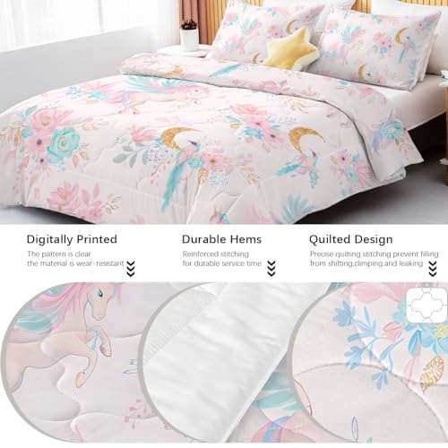 BEDMUST Unicorn Comforter Set Full - Soft Cute Pink Unicorn Bedding Set with Flowers Leaves and Blue Birds Print Pattern 3 Piece Unicorn Bed Set for Teen Women Aldults (Full, Gold Moon) - Image 4