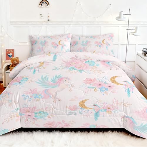 BEDMUST Unicorn Comforter Set Full - Soft Cute Pink Unicorn Bedding Set with Flowers Leaves and Blue Birds Print Pattern 3 Piece Unicorn Bed Set for Teen Women Aldults (Full, Gold Moon) - Image 1