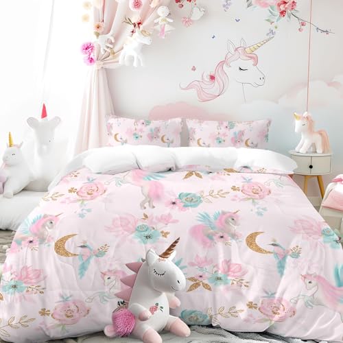 BEDMUST Unicorn Comforter Set Full - Soft Cute Pink Unicorn Bedding Set with Flowers Leaves and Blue Birds Print Pattern 3 Piece Unicorn Bed Set for Teen Women Aldults (Full, Gold Moon) - Image 2