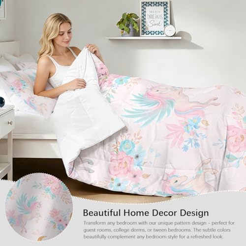 BEDMUST Unicorn Comforter Set Full - Soft Cute Pink Unicorn Bedding Set with Flowers Leaves and Blue Birds Print Pattern 3 Piece Unicorn Bed Set for Teen Women Aldults (Full, Gold Moon) - Image 3