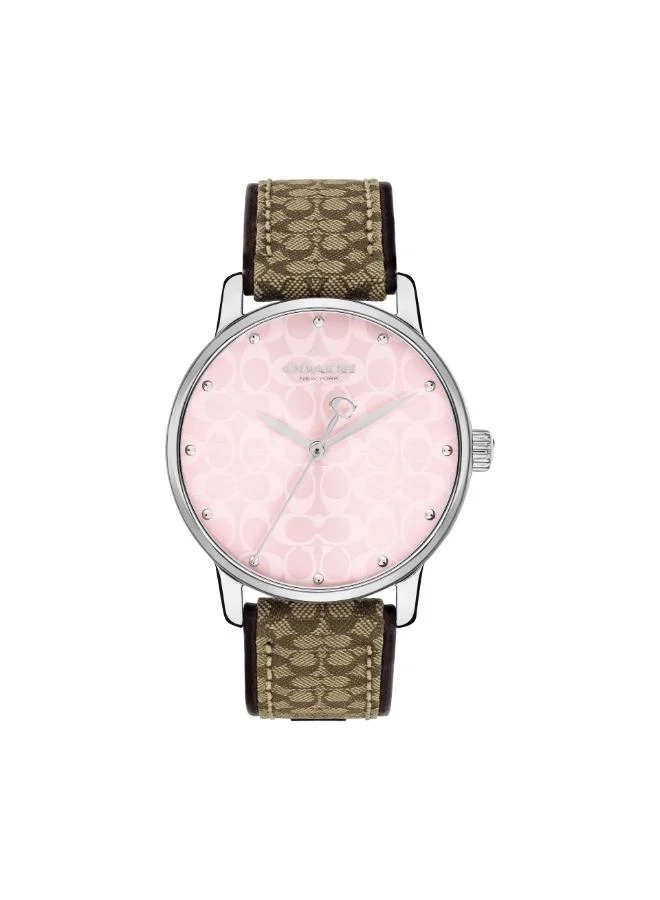 Coach Women's Quartz Watch, Pink Dial, Brown Leather and Fabric Strap