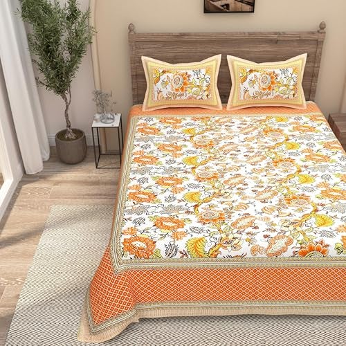 EasyGoods® Pure Cotton Ethnic Jaipuri Printed Double Bedsheet with 2 Pillow Covers | Soft & Breathable 240 TC Fabric | Traditional Rajasthani Design for Elegant Home Decor (Mustard Orange) - Image 2