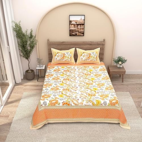 EasyGoods® Pure Cotton Ethnic Jaipuri Printed Double Bedsheet with 2 Pillow Covers | Soft & Breathable 240 TC Fabric | Traditional Rajasthani Design for Elegant Home Decor (Mustard Orange) - Image 1