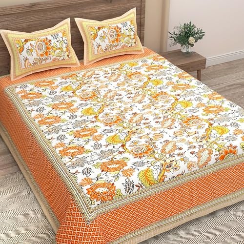 EasyGoods® Pure Cotton Ethnic Jaipuri Printed Double Bedsheet with 2 Pillow Covers | Soft & Breathable 240 TC Fabric | Traditional Rajasthani Design for Elegant Home Decor (Mustard Orange) - Image 3