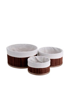 Generic Bamboo Storage Basket Set of 3  with Fabric Liner Round shape  - Brown  - Image 1