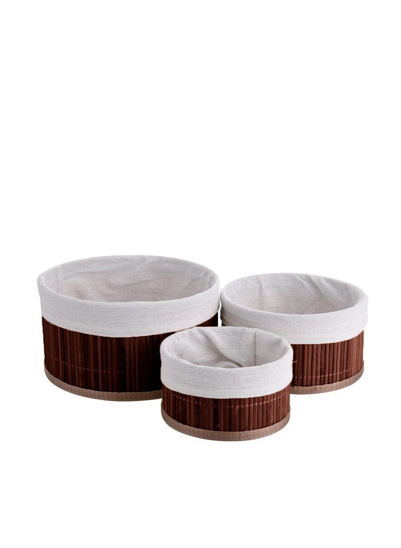 Bamboo Storage Basket Set of 3  with Fabric Liner Round shape  - Brown  - Image 1