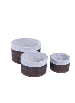 Generic Bamboo Storage Basket Set of 3  with Fabric Liner Round shape  - Brown  - Image 2
