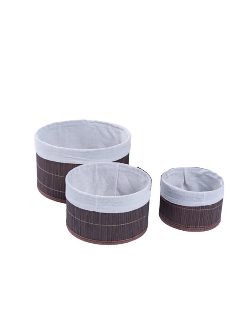 Bamboo Storage Basket Set of 3  with Fabric Liner Round shape  - Brown  - Image 2
