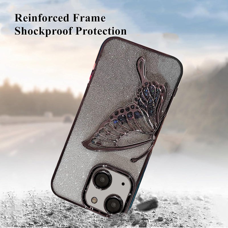 Mobistyle Designed For Iphone 14 Cover With Luxury Glitter Cute Butterfly Plating Design Aesthetic Women Teen Girls Back Cover Cases For Iphone 14 (Butterfly | Black) - Silicone - Image 3