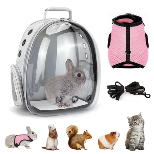 CUTENNIOU Small Pet Carrier Backpack Rabbit Carrier with Harness Vest Stretchy Elastic Leash Large Breathable Pet Carrier Airline Approved for Bunny Guinea Pig Ferret Hedgehog Kitten Travel Walking - Image 1