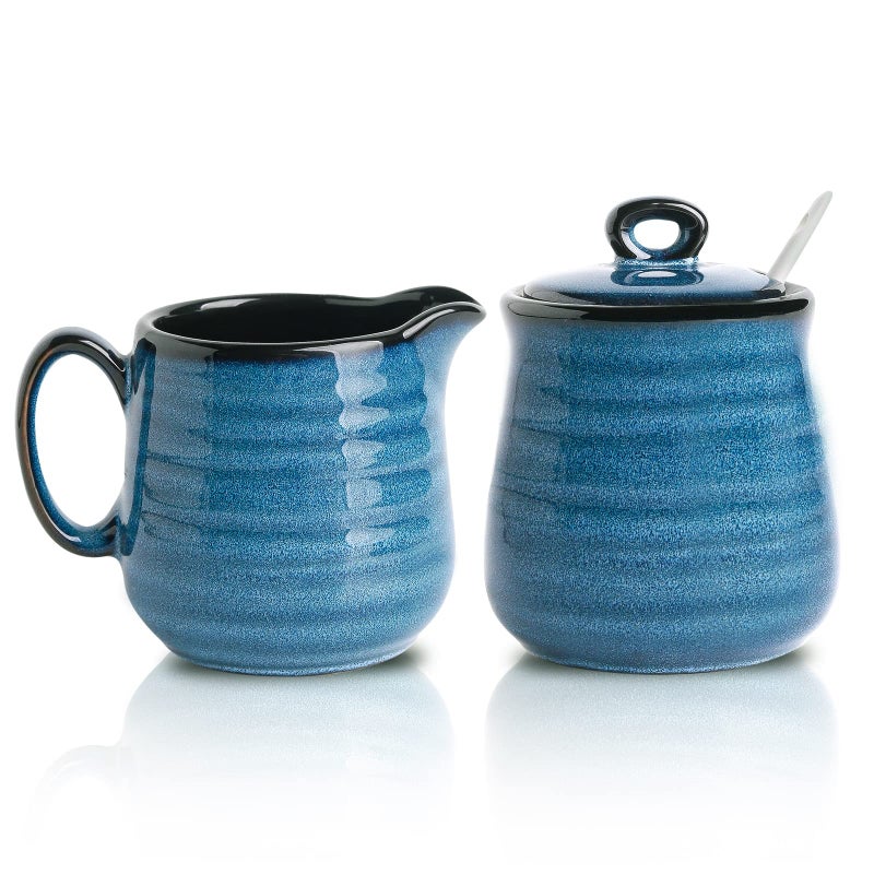 Hasense Hasense Porcelain Sugar and Creamer Set11 Ounce Sugar Bowl with Lid and Spoon10 Ounce Cream PitcherFarmhouse Coffee Sets for ServingDishwasher SafeBlue 