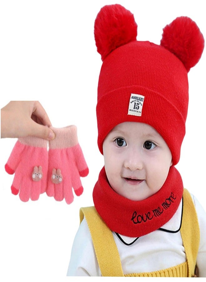 REFFER Baby Winter Cap; Winter Cap for Baby; Kids Cap; baby cap; Neck Warmer Set 3 Layers Warm fabric Inside fits for 6 Month to 3 Years (Red (cap + Neck warmer + gloves set) (6 Months to 3 years)) - Image 1