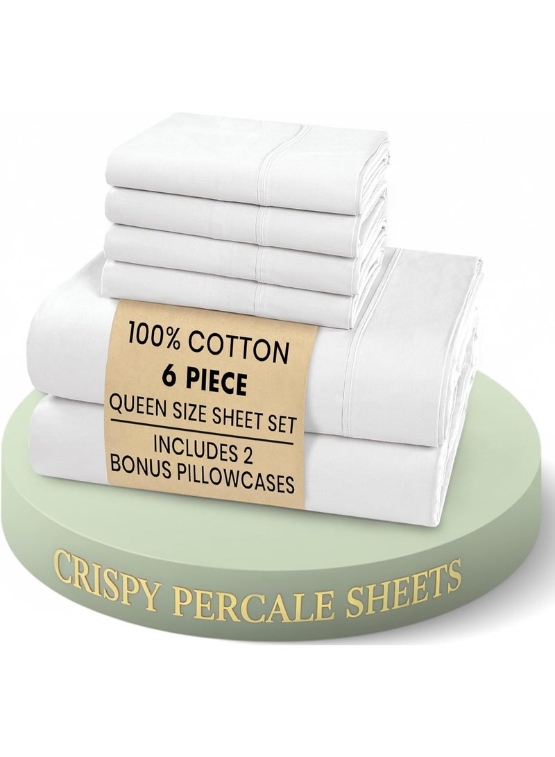 RUVANTI 6 Pcs Cotton Sheets - 100% Natural Cotton Soft, Lightweight & Breathable Crispy Percale Bed Sheets, Queen Sheet Set 16" Deep Pockets, Bright White - Image 1