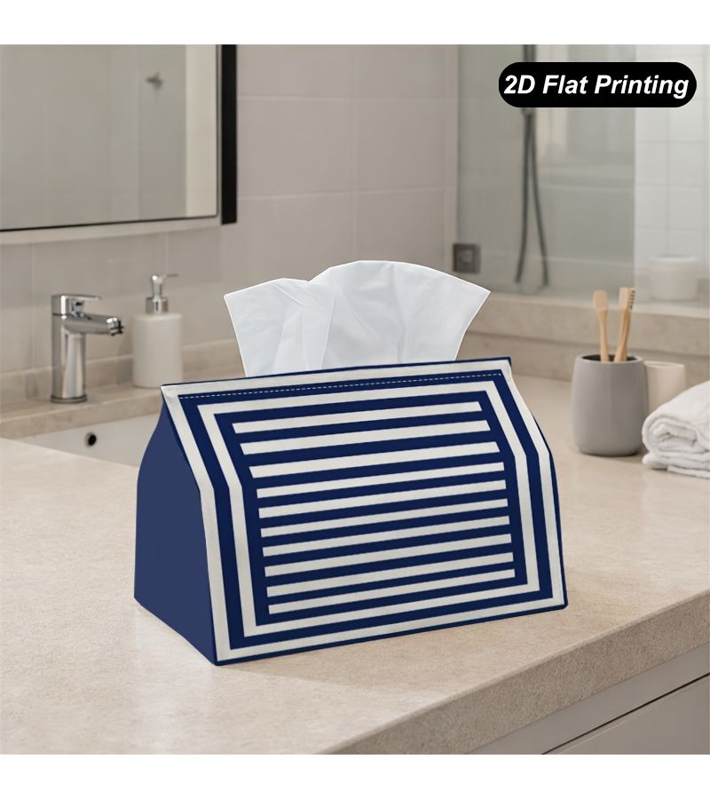 Navy White Stripes Polyester Tissue Box 7x4.5x5 Inch Decorative 2D Flat Print for Home - Image 5