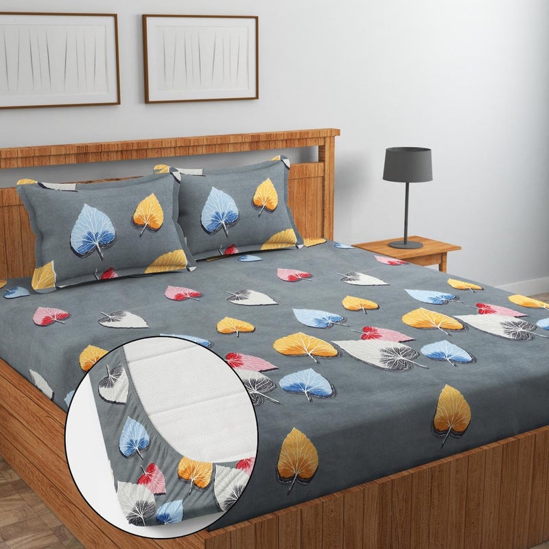 NEW LEAF Premium Cotton Elastic Fitted Bedsheets with 2 Pillow Covers Double Bed All Around Elastic Supersoft Breathable Wrinklfree Size - 76 x 72 +6 inches Grey White 200 tc - 220 tc - Image 5