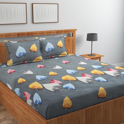 NEW LEAF Premium Cotton Elastic Fitted Bedsheets with 2 Pillow Covers Double Bed All Around Elastic Supersoft Breathable Wrinklfree Size - 76 x 72 +6 inches Grey White 200 tc - 220 tc - Image 3